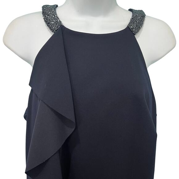 Lauren Ralph Lauren Navy Blue Beaded Halter Ruffle Sheath Dress size 10 NEW Tags - Picture 10 of 13